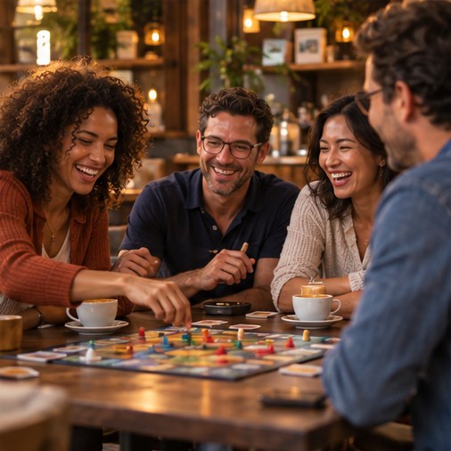 Concept visual of adults playing a board game over coffee