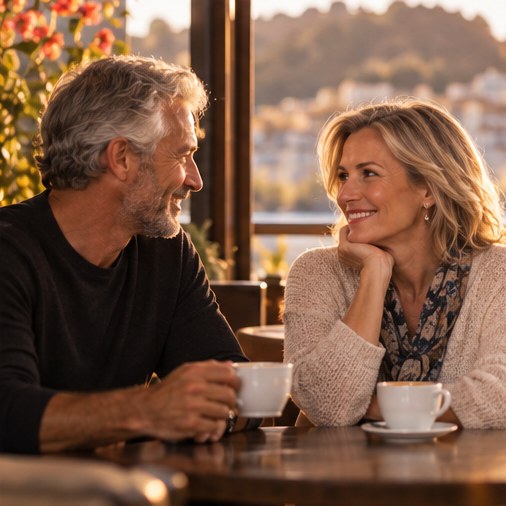 Concept visual of a mature couple talking over coffee